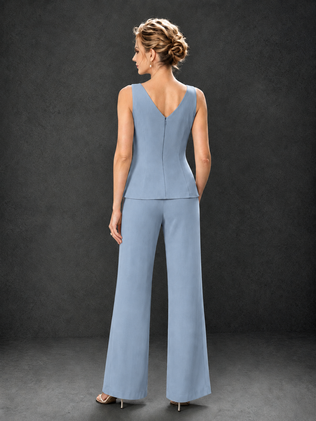 BOLODOO Dusty Blue 3-Piece Mother of the Bride Pant Suit with Beaded Top & Chiffon Jacket - Dusty Blue
