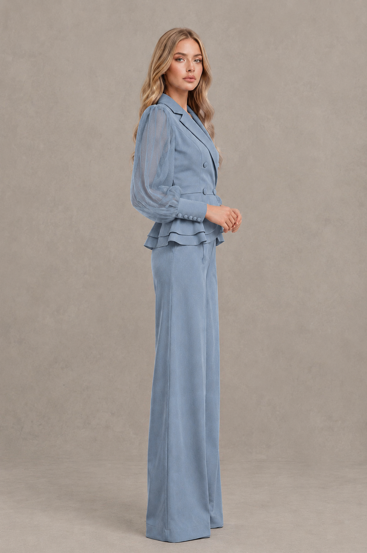 BOLODOO Mint Dusty Blue Peplum Blazer Wide-Leg Pantsuit with Sheer Puff Sleeves - Dusty Blue