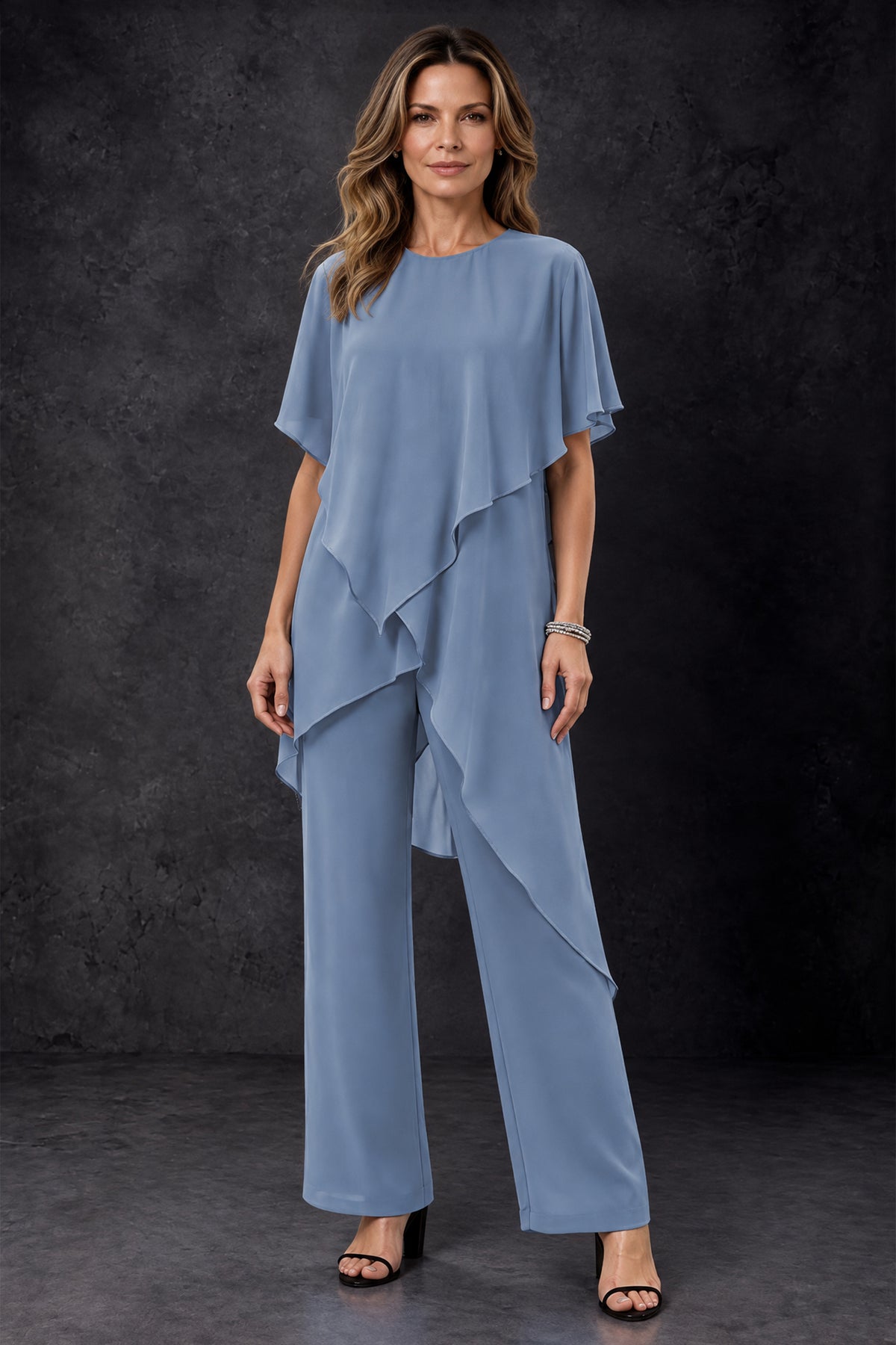 Front view of the BOLODOO dusty blue chiffon mother of the bride pant suit with layered top and wide-leg pants