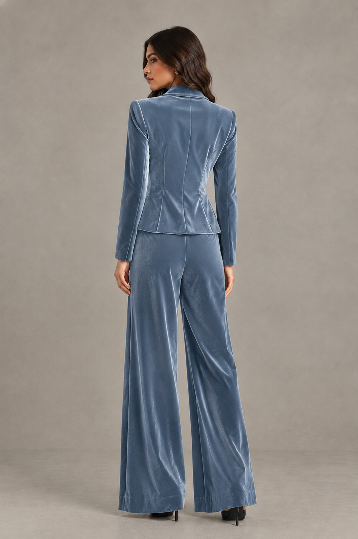 BOLODOO Dusty Blue 01 Velvet Two-Piece Pantsuit with Long Sleeve Blazer & Wide-Leg Trousers - Dusty Blue 01 - Dusty Blue_01 (2)