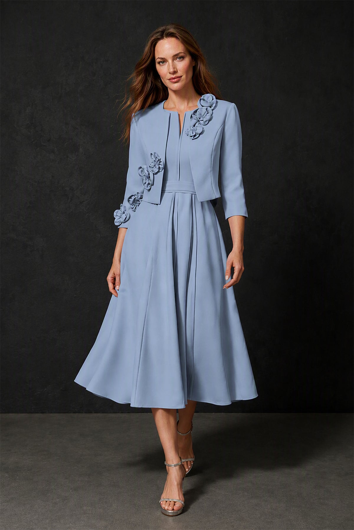 BOLODOO Dusty Blue 3D Rosette Jacket & Sleeveless A-Line Tea-Length Two-Piece Dress Set - Front View with Jacket