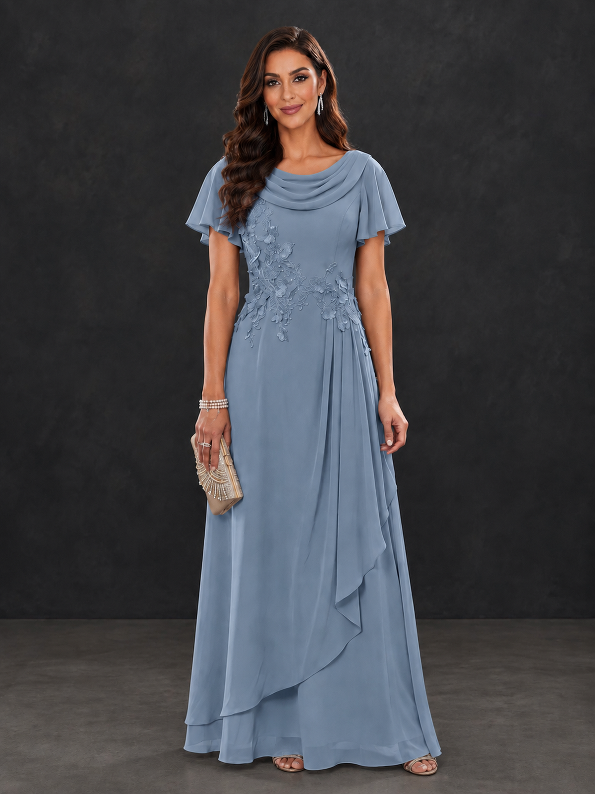BOLODOO dusty blue floral appliqué maxi dress with cowl neck, flutter sleeves and layered skirt front view