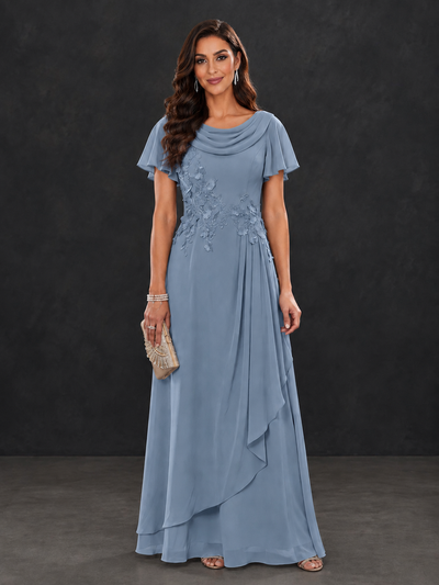 BOLODOO dusty blue floral appliqué maxi dress with cowl neck, flutter sleeves and layered skirt front view