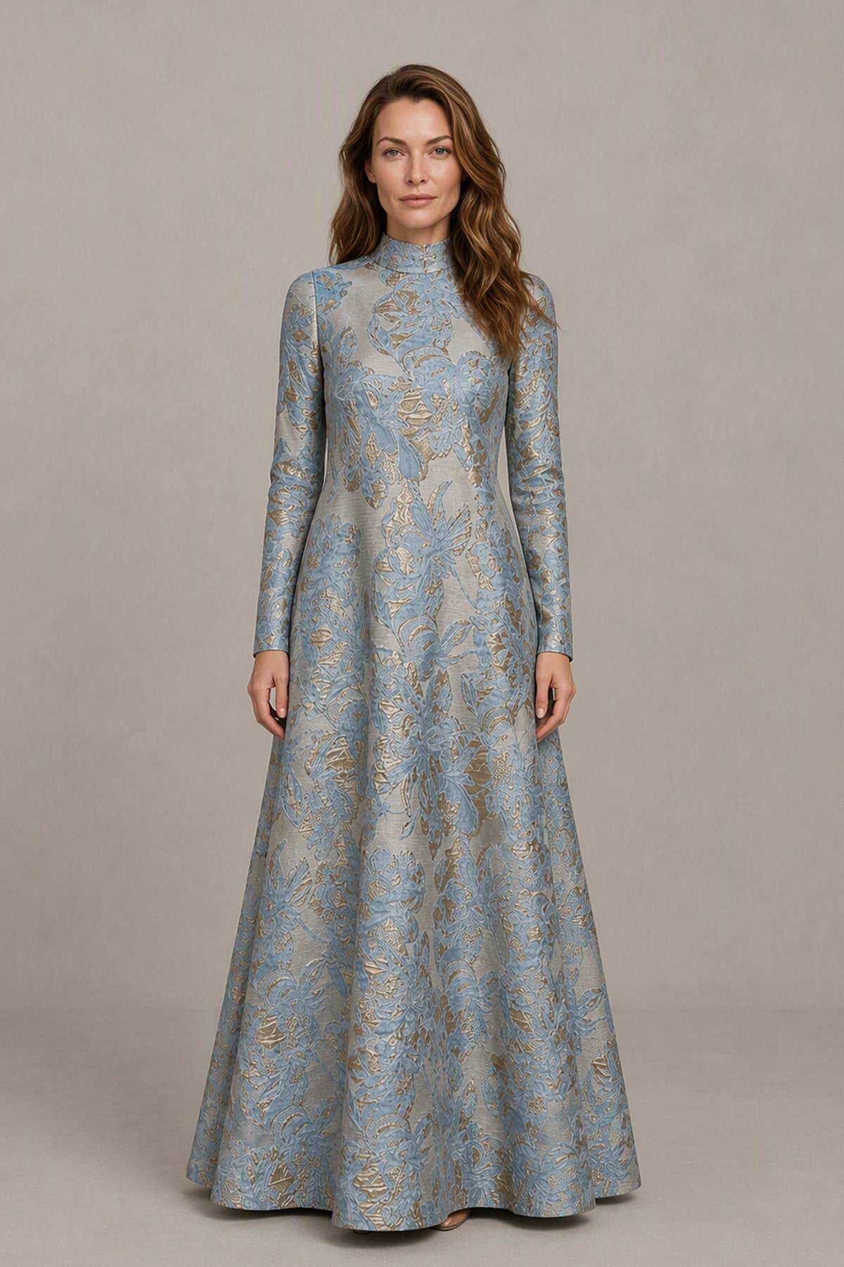 Dusty blue long sleeve jacquard evening gown covered back and center zipper view
