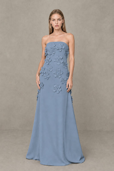 BOLODOO Dusty Blue Strapless 3D Floral Appliqué Crepe Maxi Gown 