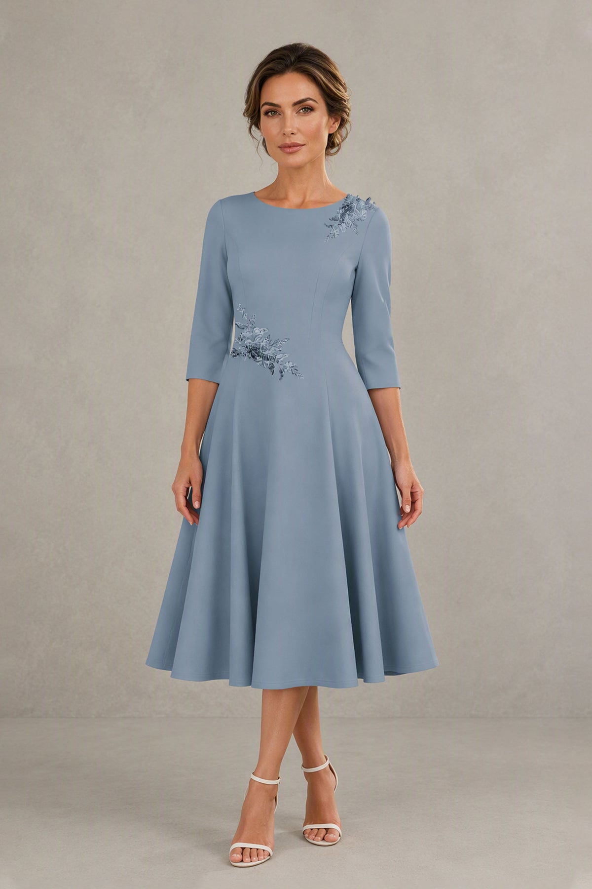 Dusty blue 3/4 sleeve A-line midi dress with floral embroidery, front view - BOLODOO mother of the bride dress