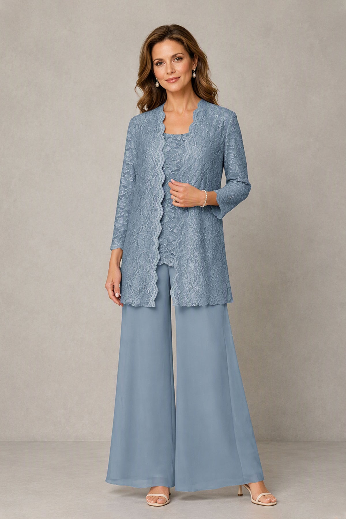 BOLODOO dusty blue 3-piece mother of the bride pantsuit, front view with floral lace jacket, lace top and wide-leg chiffon pants