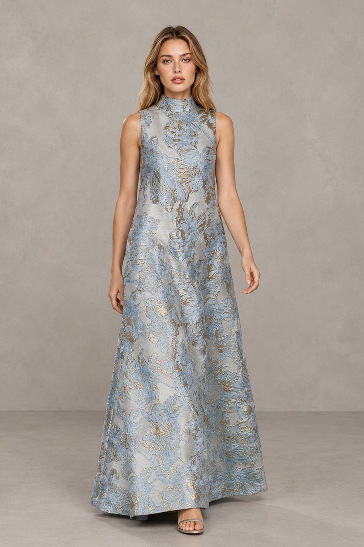 BOLODOO dusty blue floral jacquard sleeveless high-neck A-line maxi dress front view