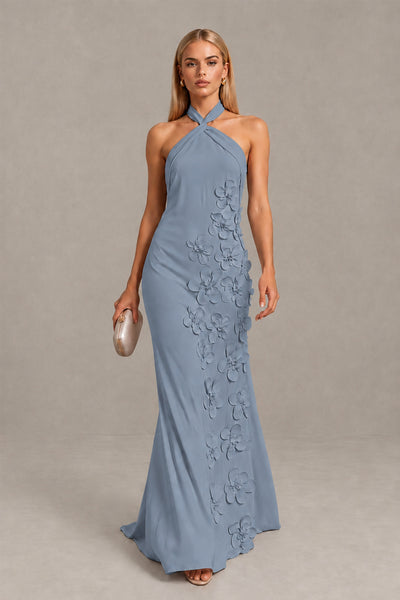 BOLODOO Dusty Blue Cross Halter Neck 3D Floral Appliqué Backless Mermaid Maxi Gown 