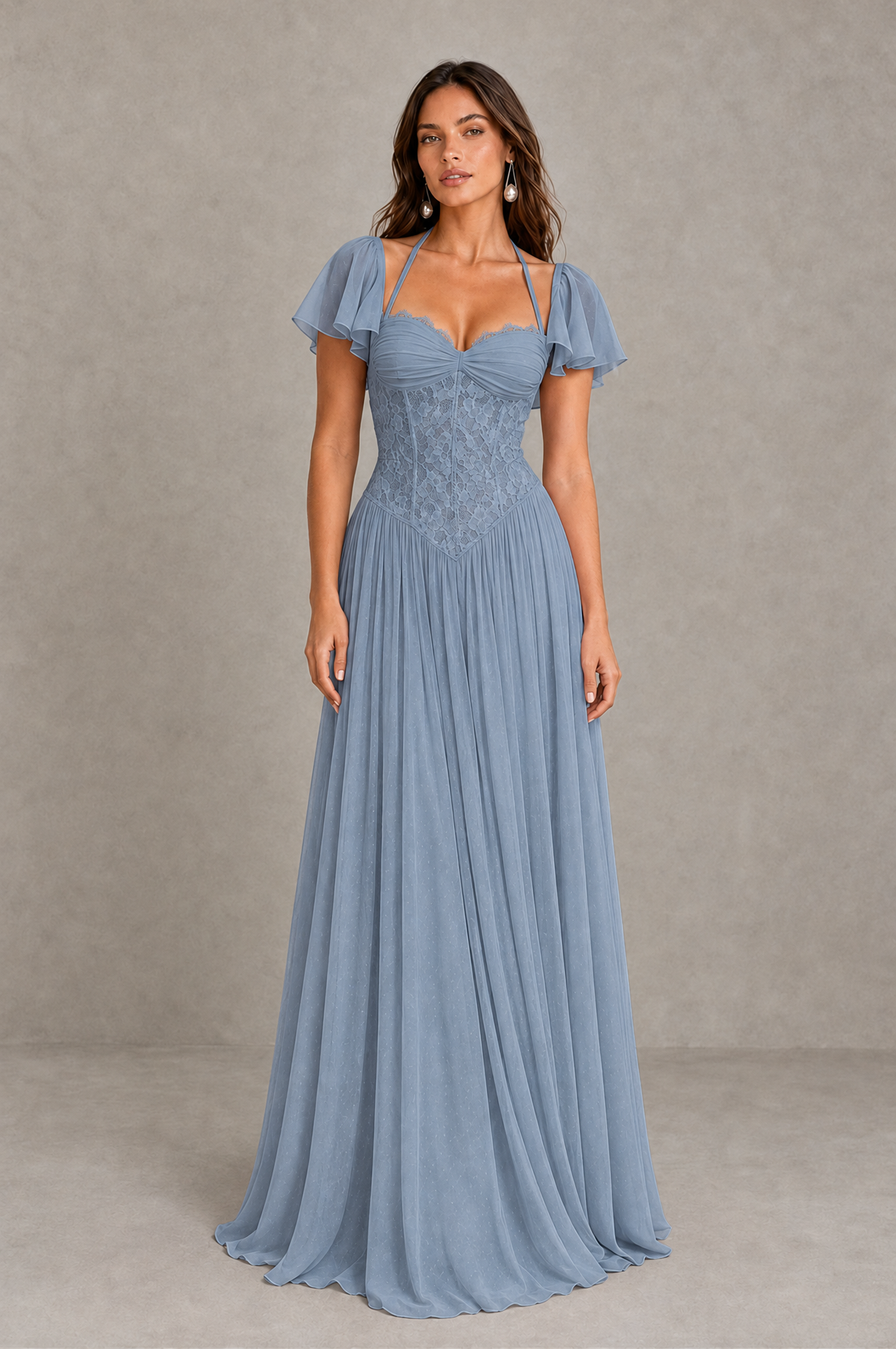 BOLODOO Dusty Blue Flutter Sleeve Lace Corset A-Line Maxi Dress 