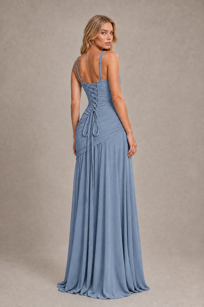 BOLODOO Dusty Blue Spaghetti Strap Ruched Maxi Dress – Formal Evening Gown with Slit 