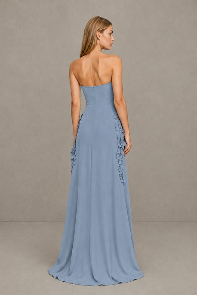 BOLODOO Dusty Blue Strapless 3D Floral Appliqué Crepe Maxi Gown 