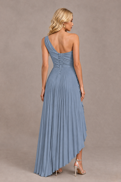BOLODOO Dusty Blue One-Shoulder High-Low Ruffle Maxi Dress 