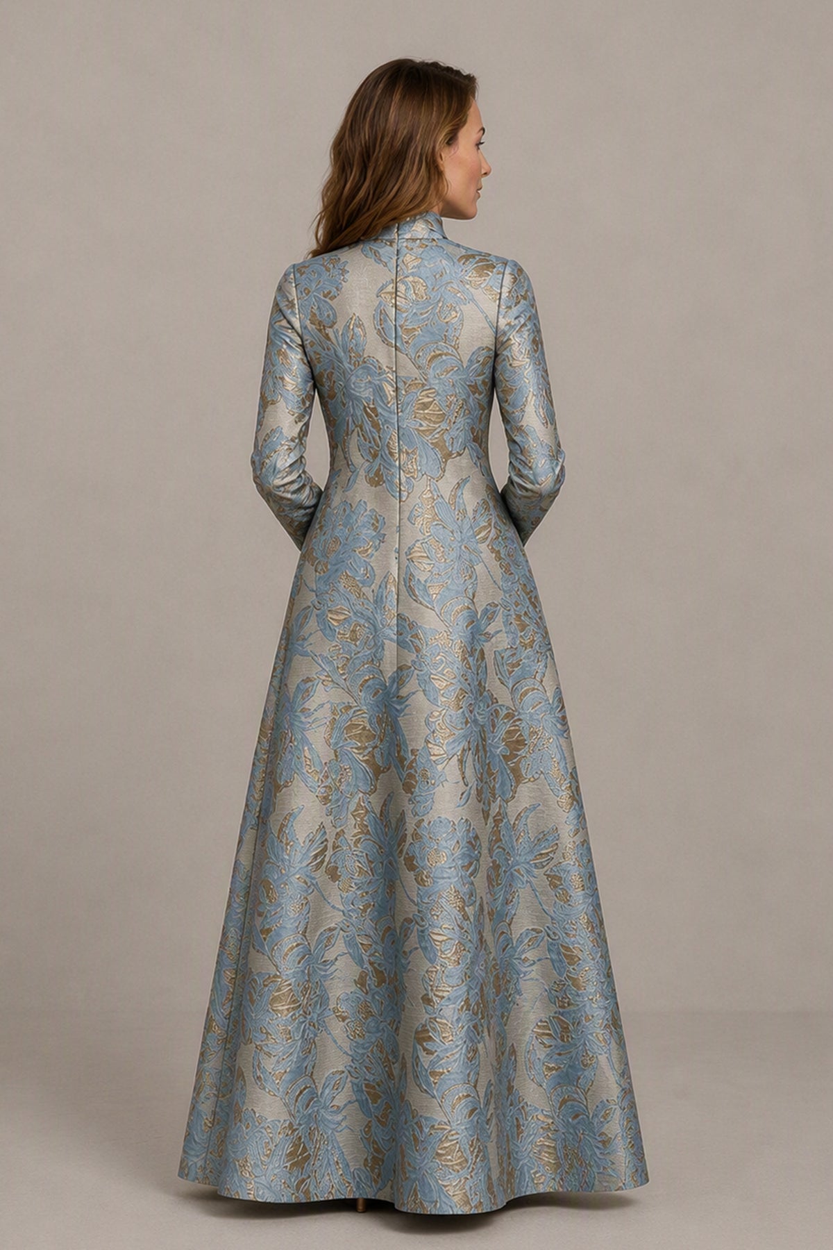 Dusty blue floral jacquard long sleeve floor length evening gown front view by BOLODOO