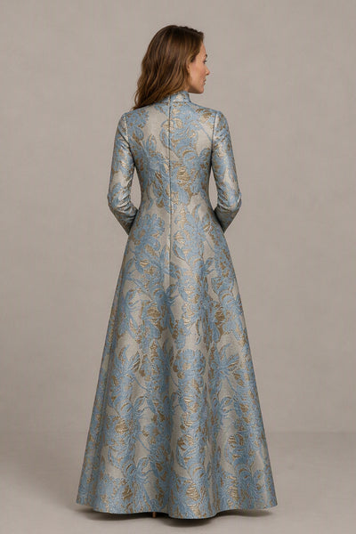 Dusty blue floral jacquard long sleeve floor length evening gown front view by BOLODOO
