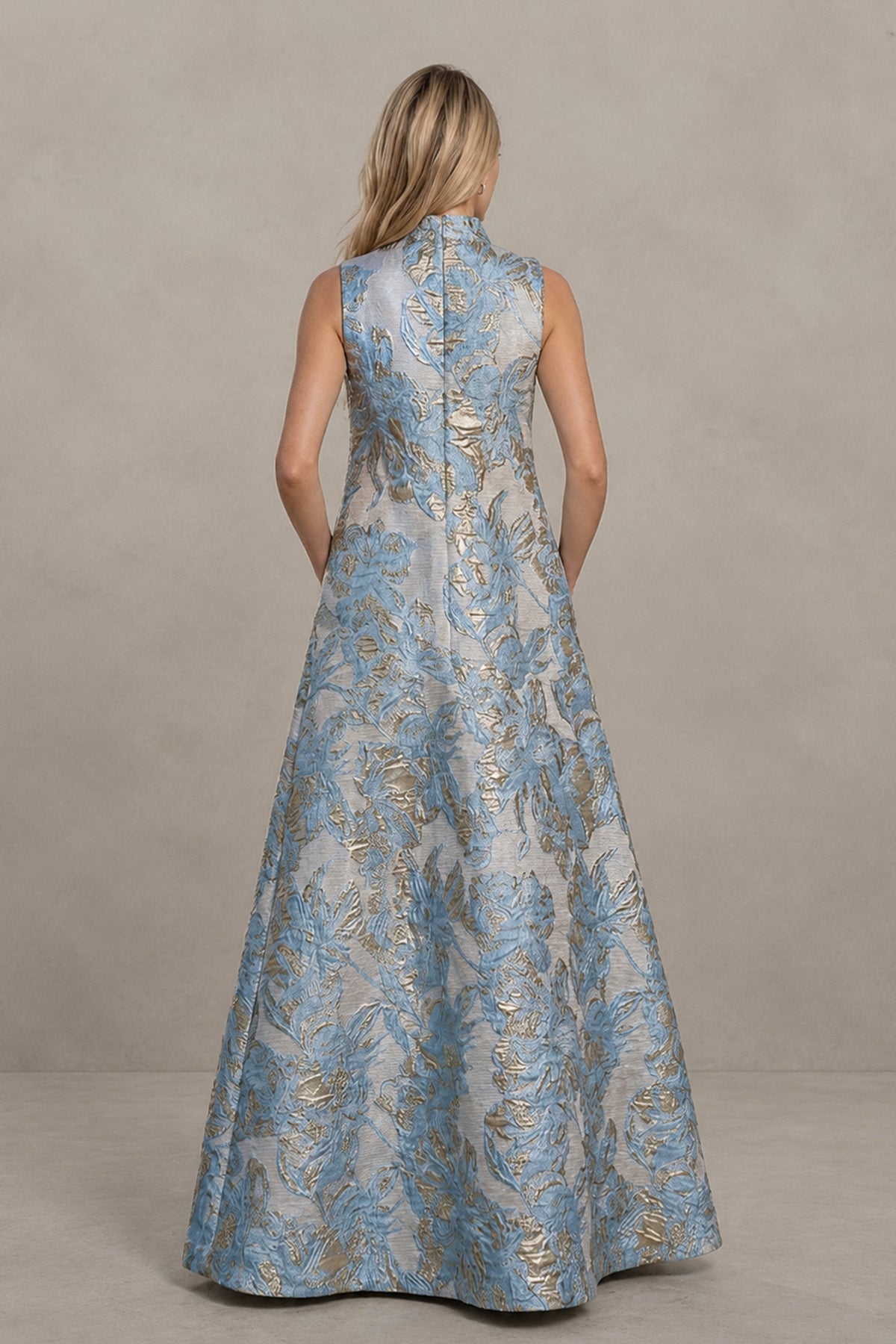 BOLODOO dusty blue floral jacquard sleeveless maxi dress covered back view