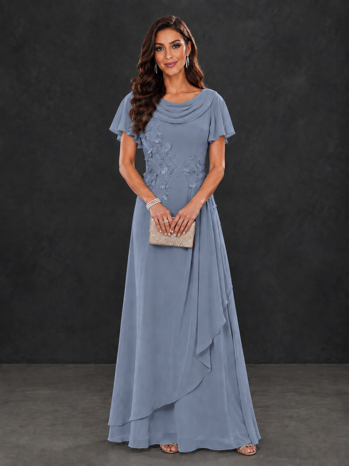 Alternate front view of BOLODOO dusty blue floor-length dress showing floral detail and asymmetric overlay