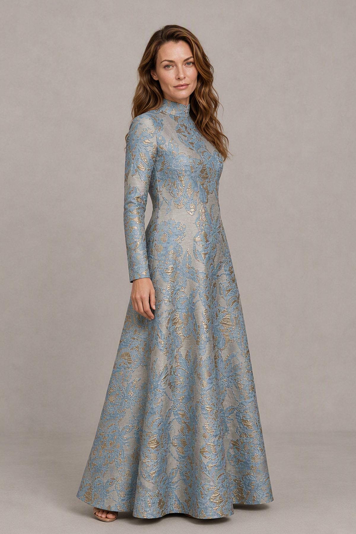 Dusty blue high neck long sleeve A-line formal gown full length front view
