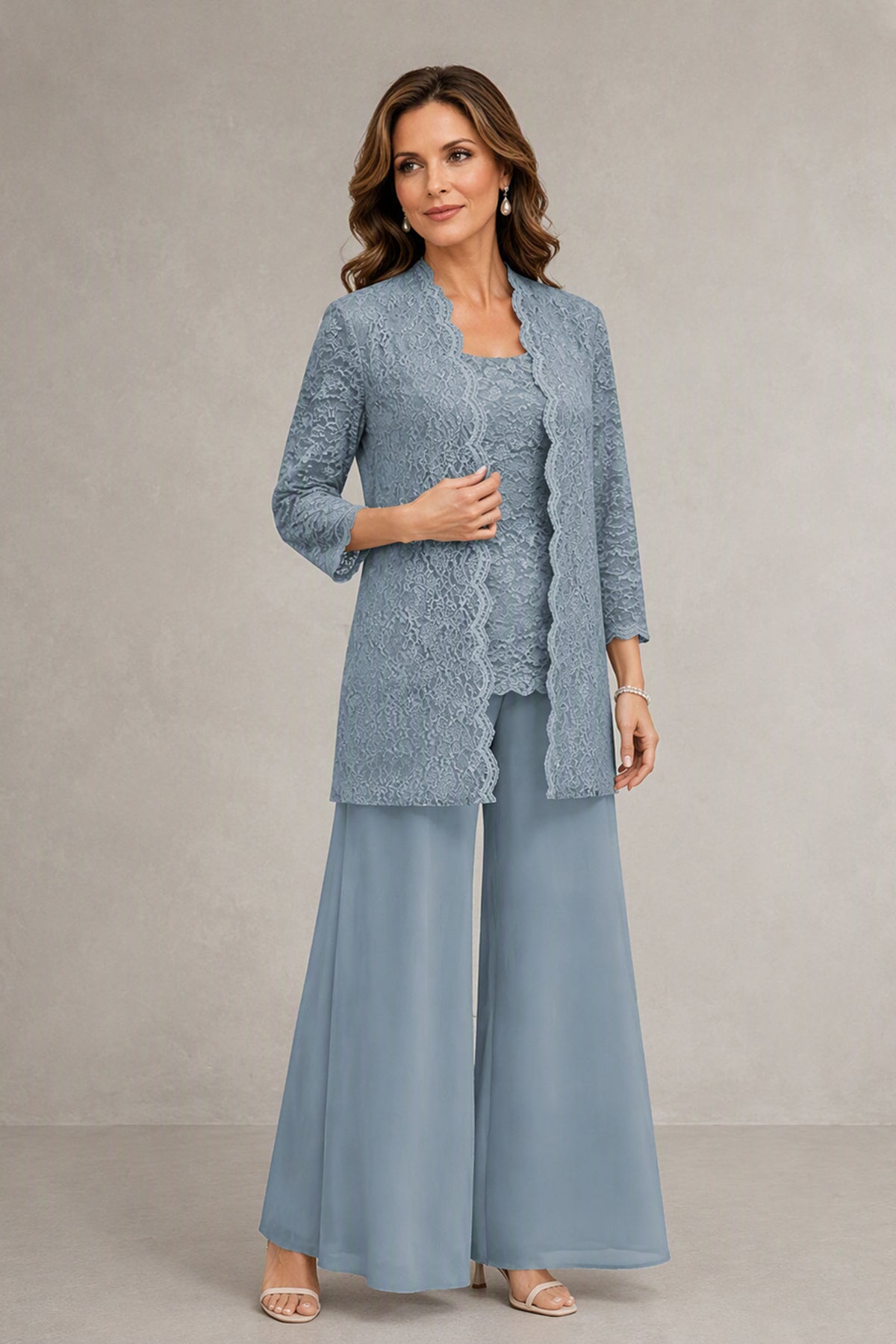 BOLODOO dusty blue formal lace pantsuit front close view, scalloped lace jacket detail and 3/4 sleeves