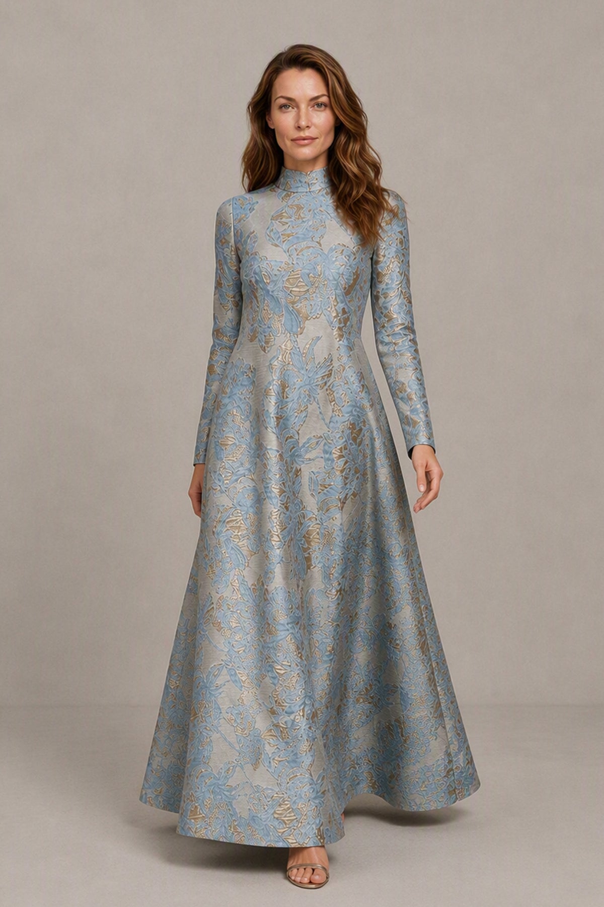 Dusty blue floral jacquard floor length wedding guest dress three quarter side view
