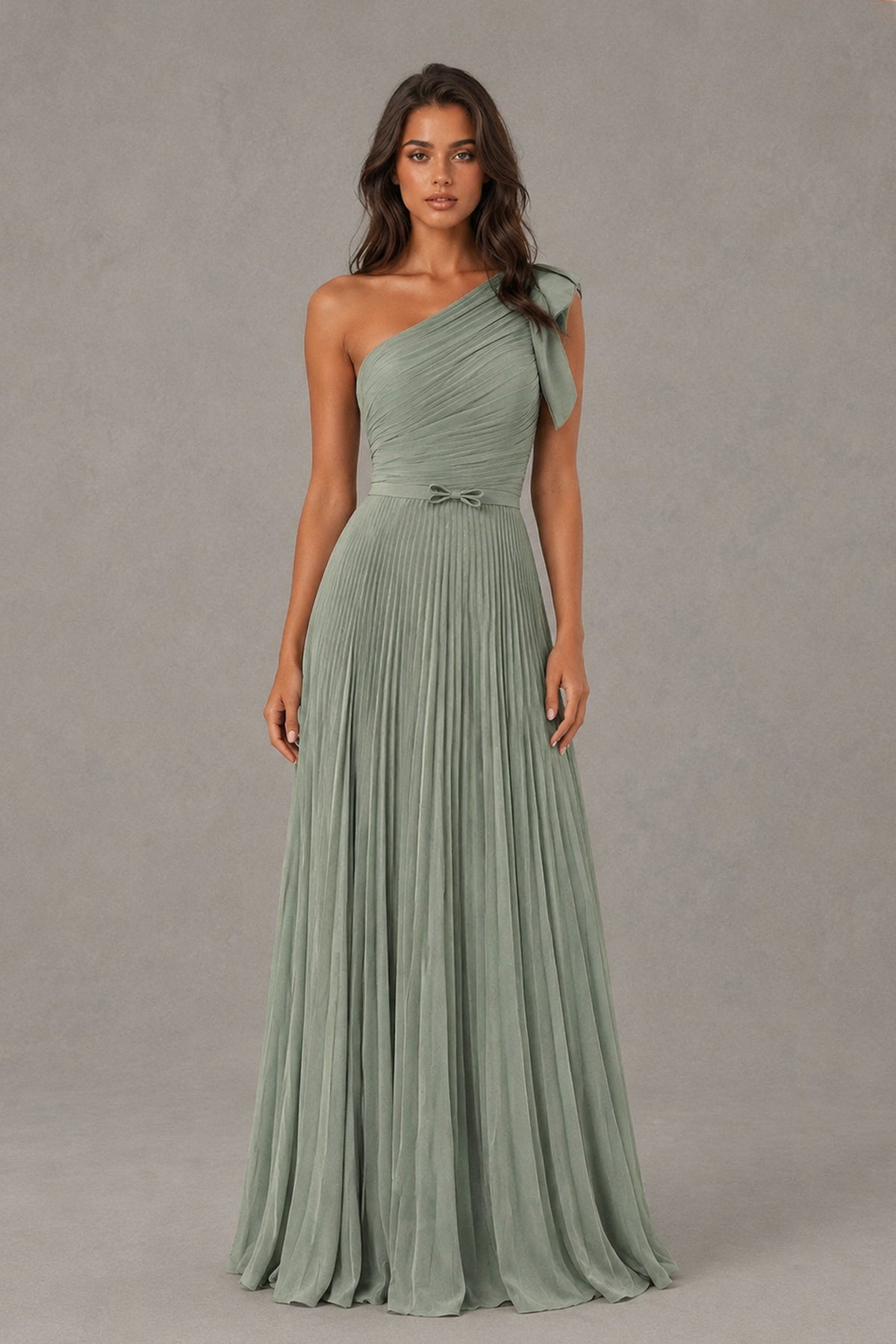 Back view of BOLODOO dusty green one-shoulder pleated maxi dress with center-back closure