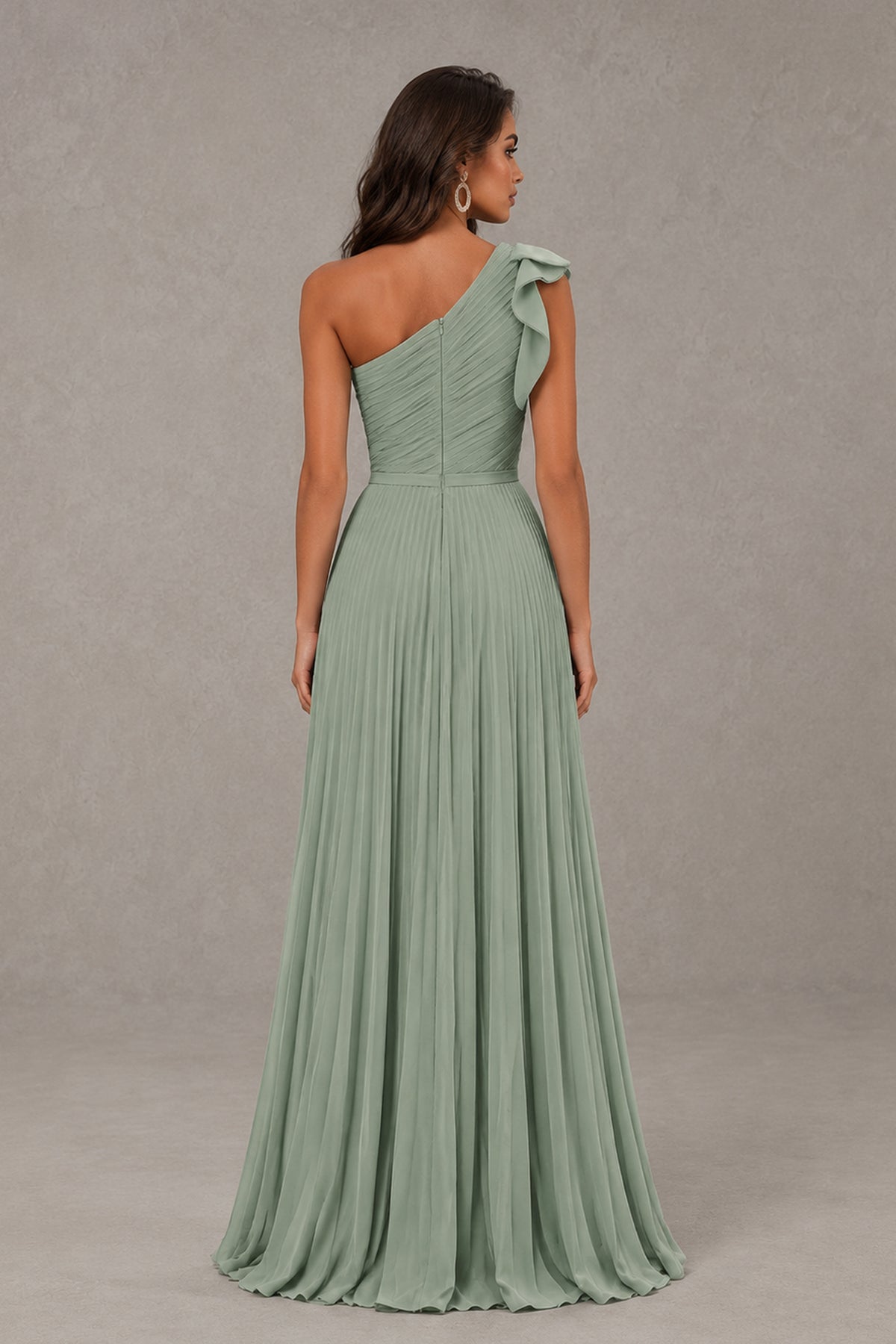 BOLODOO dusty green one-shoulder floor-length pleated dress front view