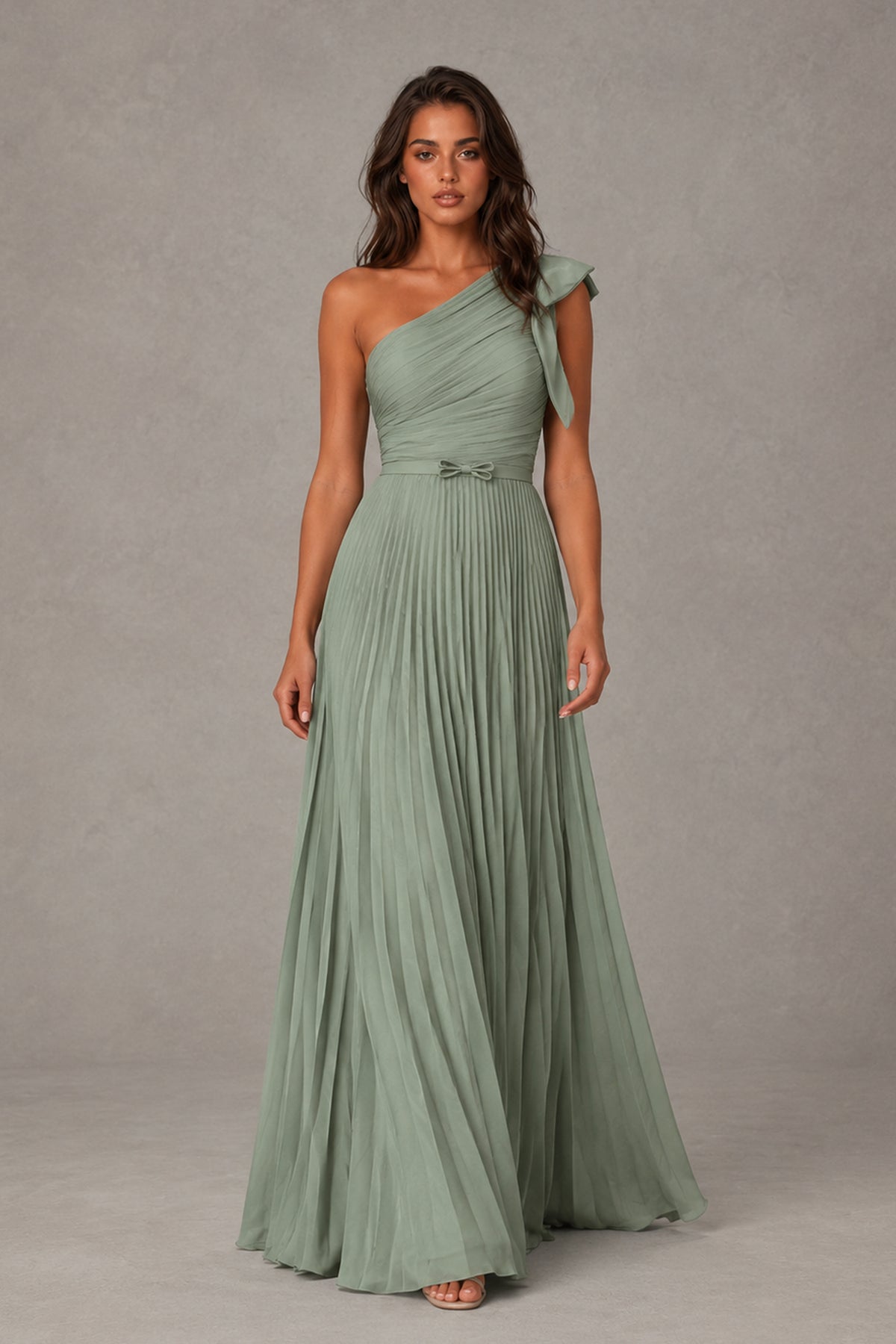 BOLODOO dusty green pleated A-line gown front view showing flowing floor-length skirt