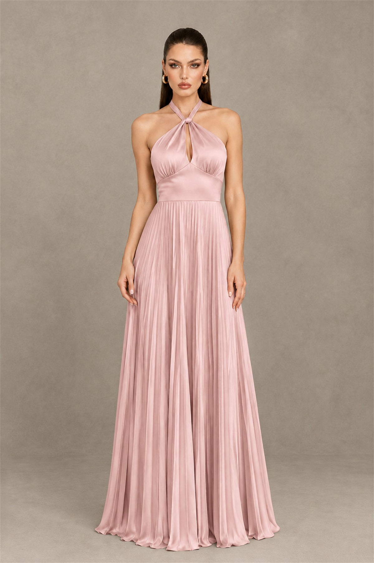 BOLODOO Dusty Pink Halter Pleated A-Line Evening Dress - Dusty Pink