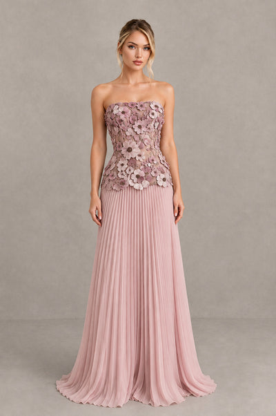 BOLODOO Dusty Pink Strapless Floral Applique Pleated Evening Dress - Dusty Pink - Dusty Pink (1)
