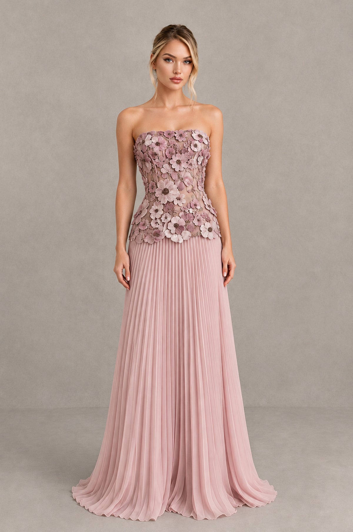 BOLODOO Dusty Pink Strapless Floral Applique Pleated Evening Dress - Dusty Pink - Dusty Pink (1)