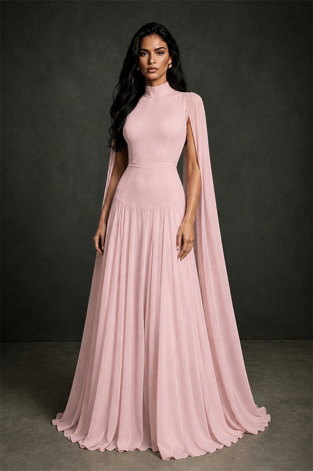 BOLODOO Dusty Pink Mock Neck Cape Sleeve A-Line Chiffon Maxi Dress - Dusty Pink - Dusty Pink (1)