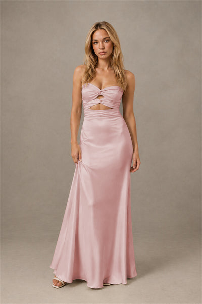 BOLODOO Dusty Pink Sweetheart Strapless Twist Knot Cutout Lace-Up Back Satin Mermaid Maxi Dress - Dusty Pink - Dusty Pink (1)