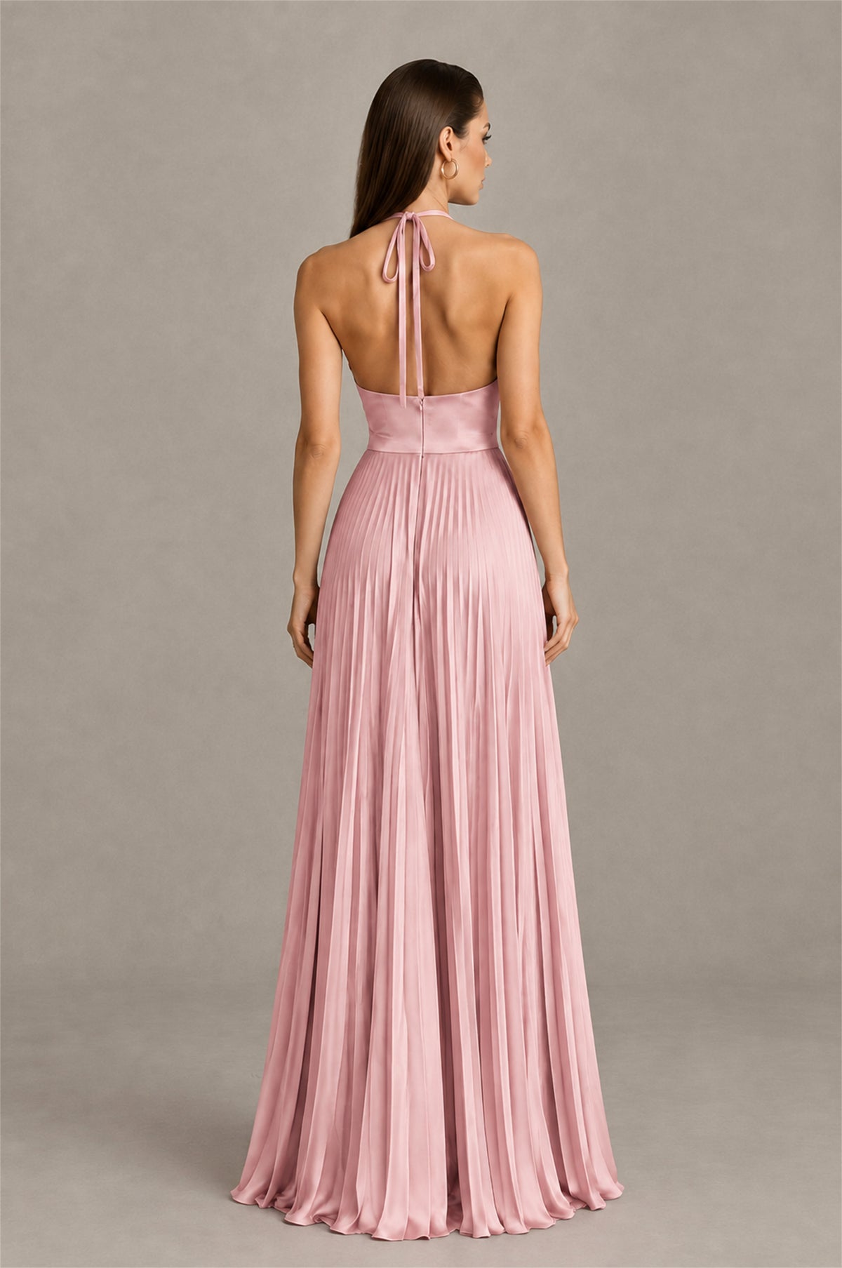 BOLODOO Dusty Pink Halter Pleated A-Line Evening Dress - Dusty Pink