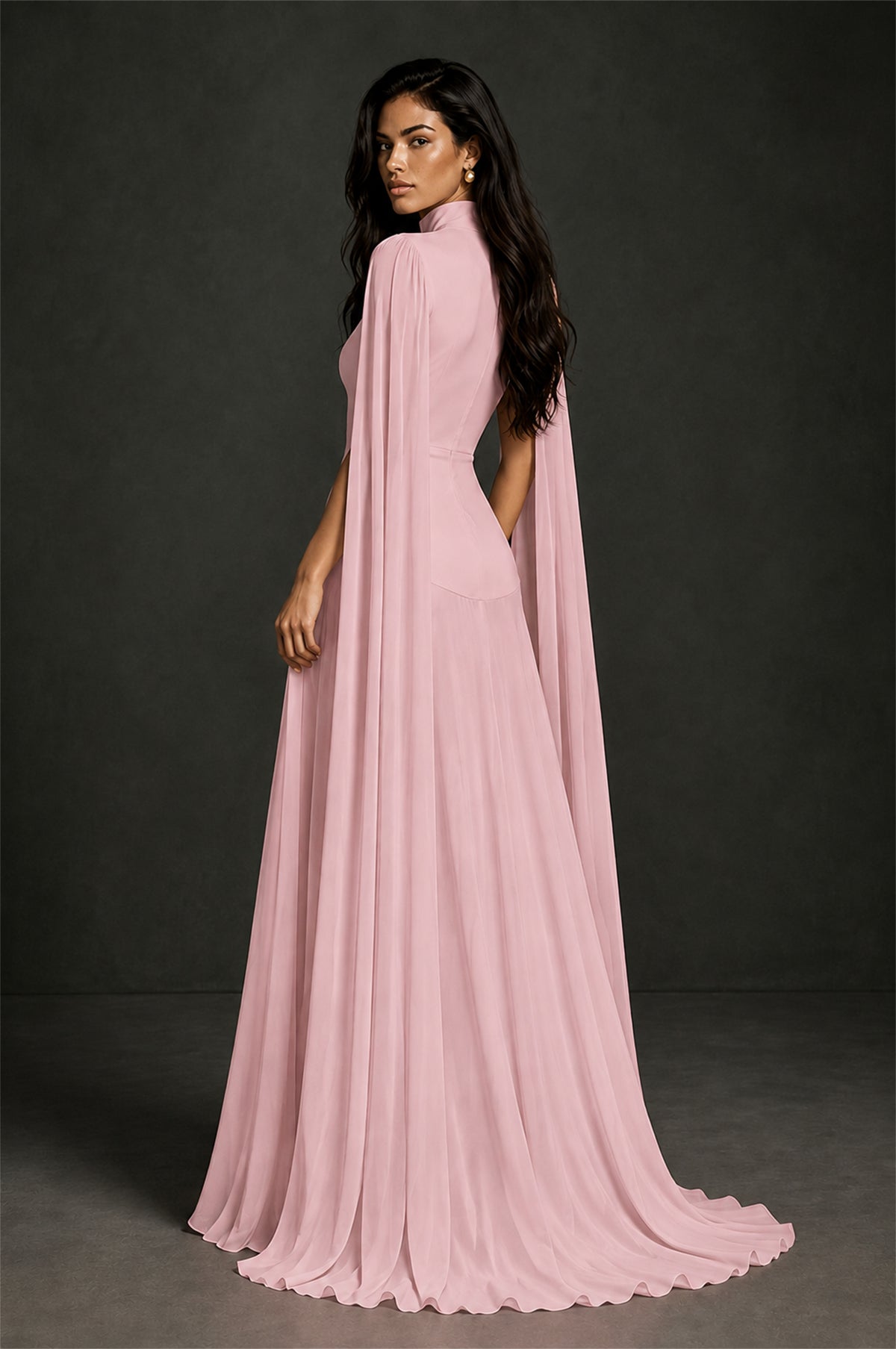 BOLODOO Dusty Pink Mock Neck Cape Sleeve A-Line Chiffon Maxi Dress - Dusty Pink - Dusty Pink (2)