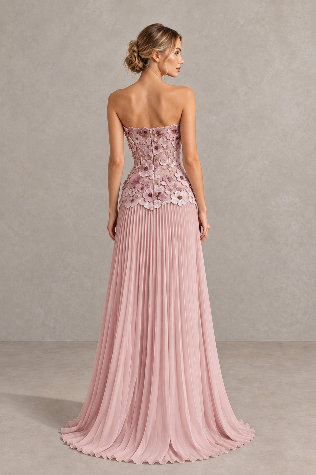 BOLODOO Dusty Pink Strapless Floral Applique Pleated Evening Dress - Dusty Pink - Dusty Pink (2)
