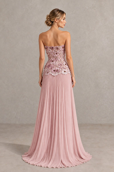 BOLODOO Dusty Pink Strapless Floral Applique Pleated Evening Dress - Dusty Pink - Dusty Pink (2)