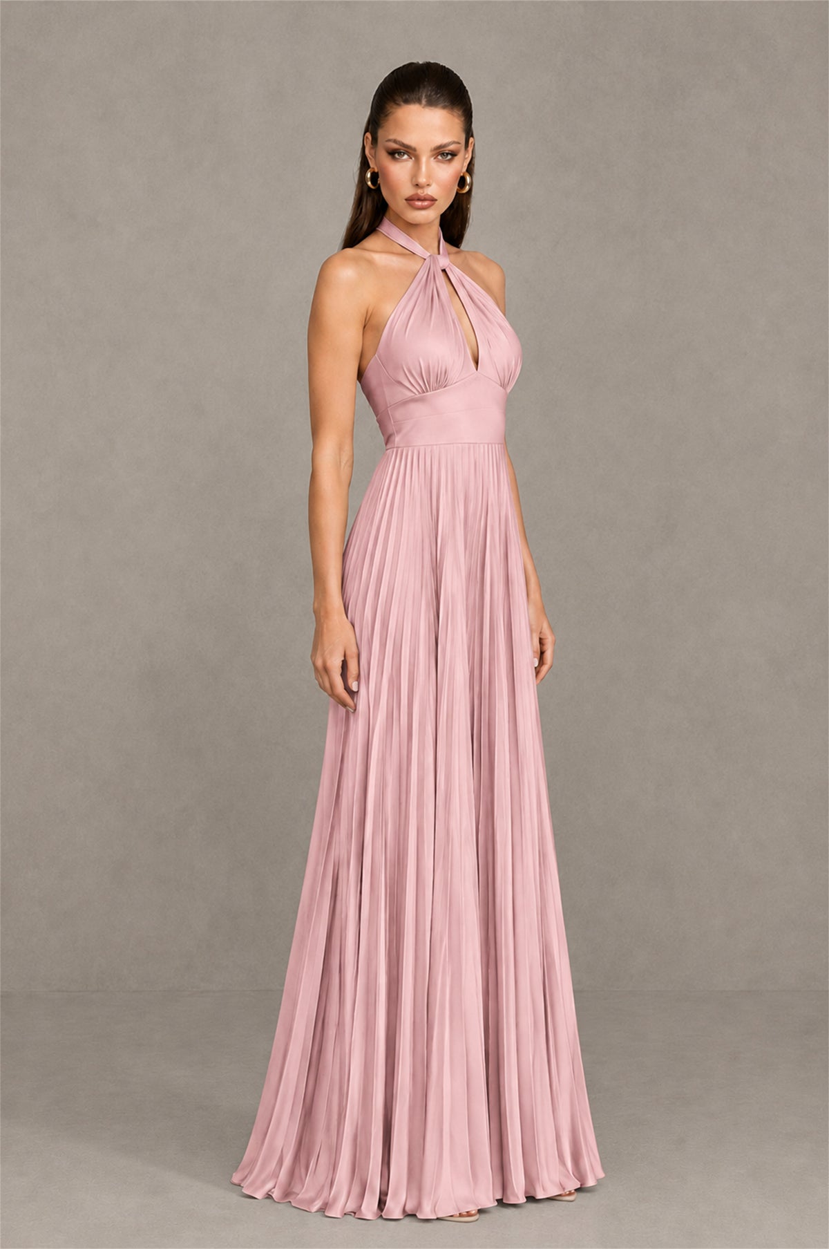 BOLODOO Dusty Pink Halter Pleated A-Line Evening Dress - Dusty Pink