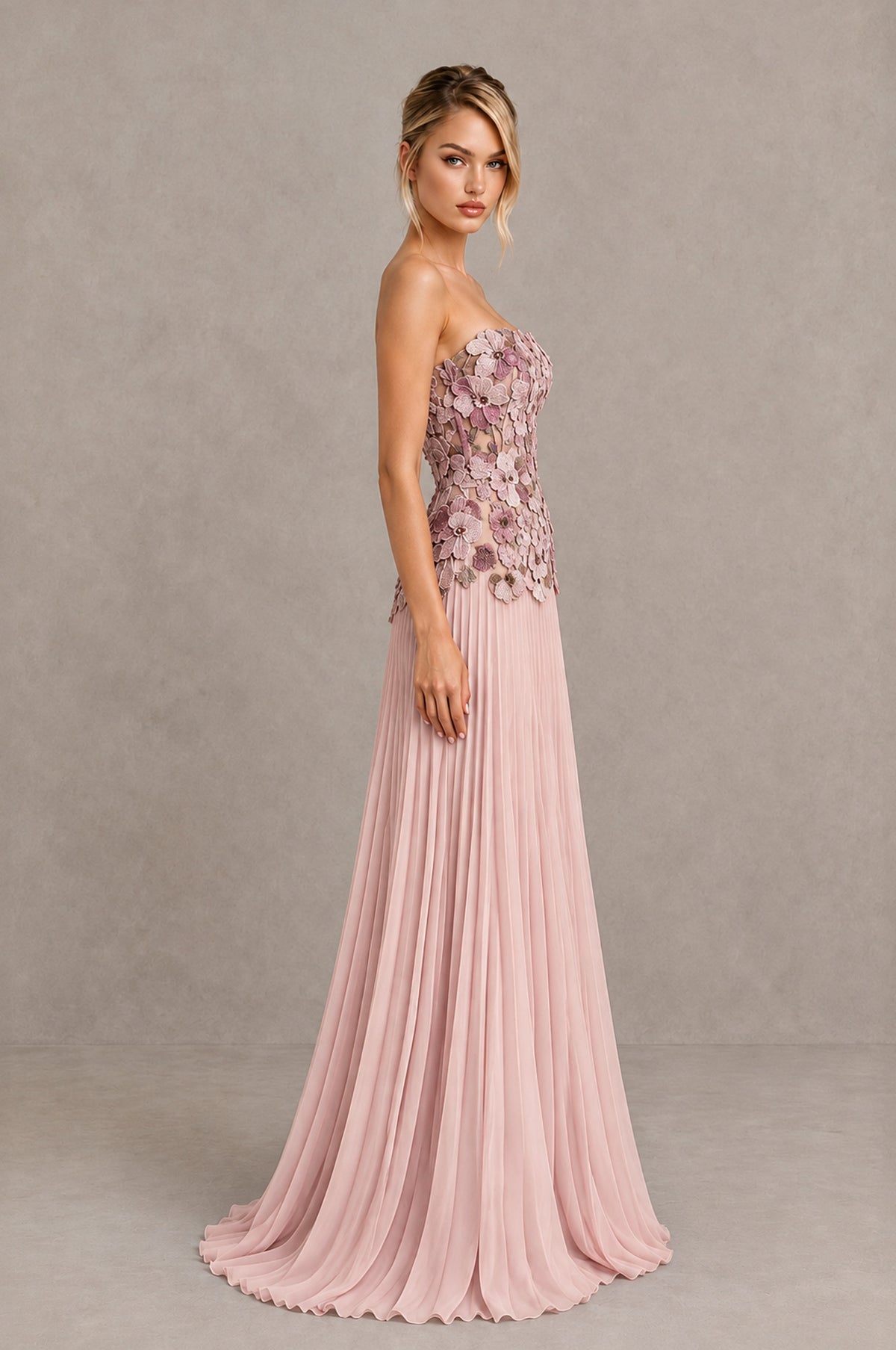 BOLODOO Dusty Pink Strapless Floral Applique Pleated Evening Dress - Dusty Pink - Dusty Pink (3)