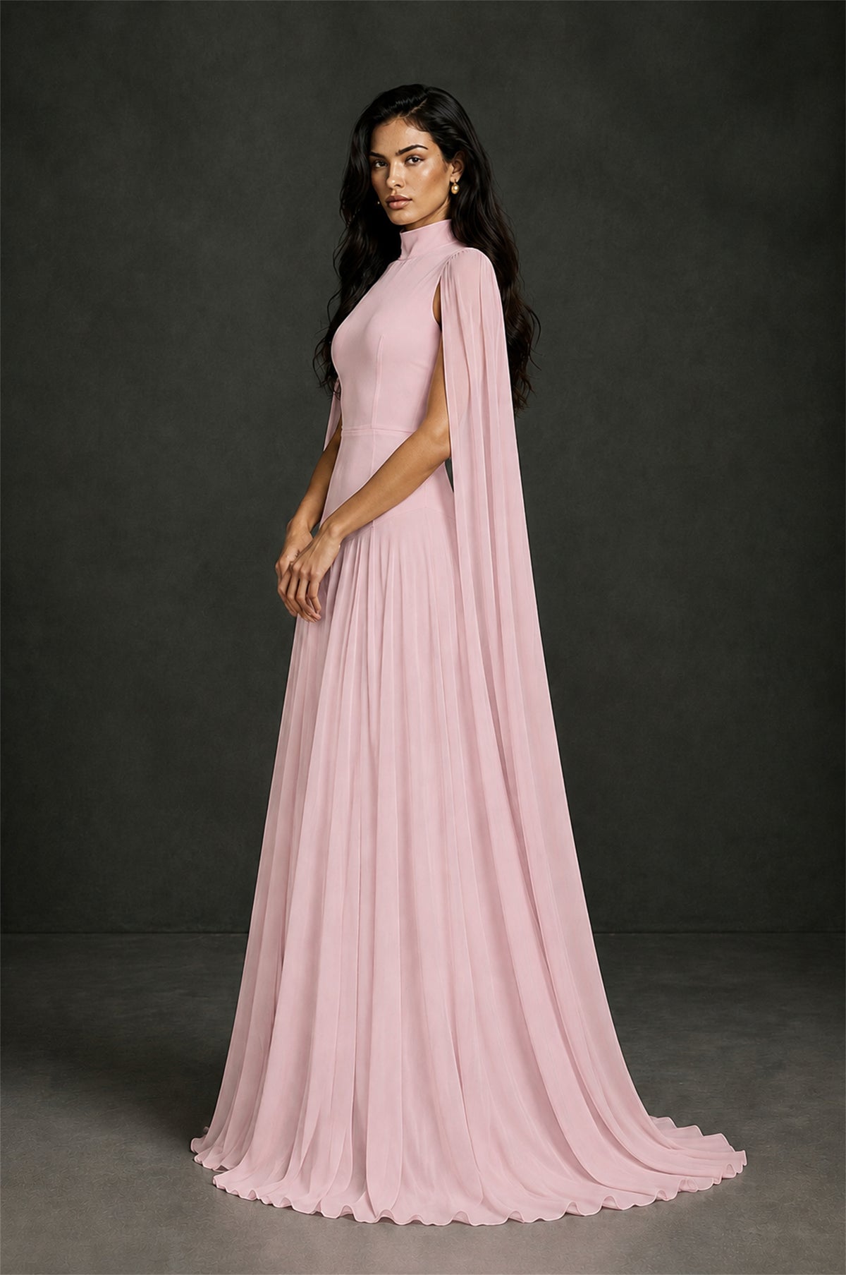BOLODOO Dusty Pink Mock Neck Cape Sleeve A-Line Chiffon Maxi Dress - Dusty Pink - Dusty Pink (3)
