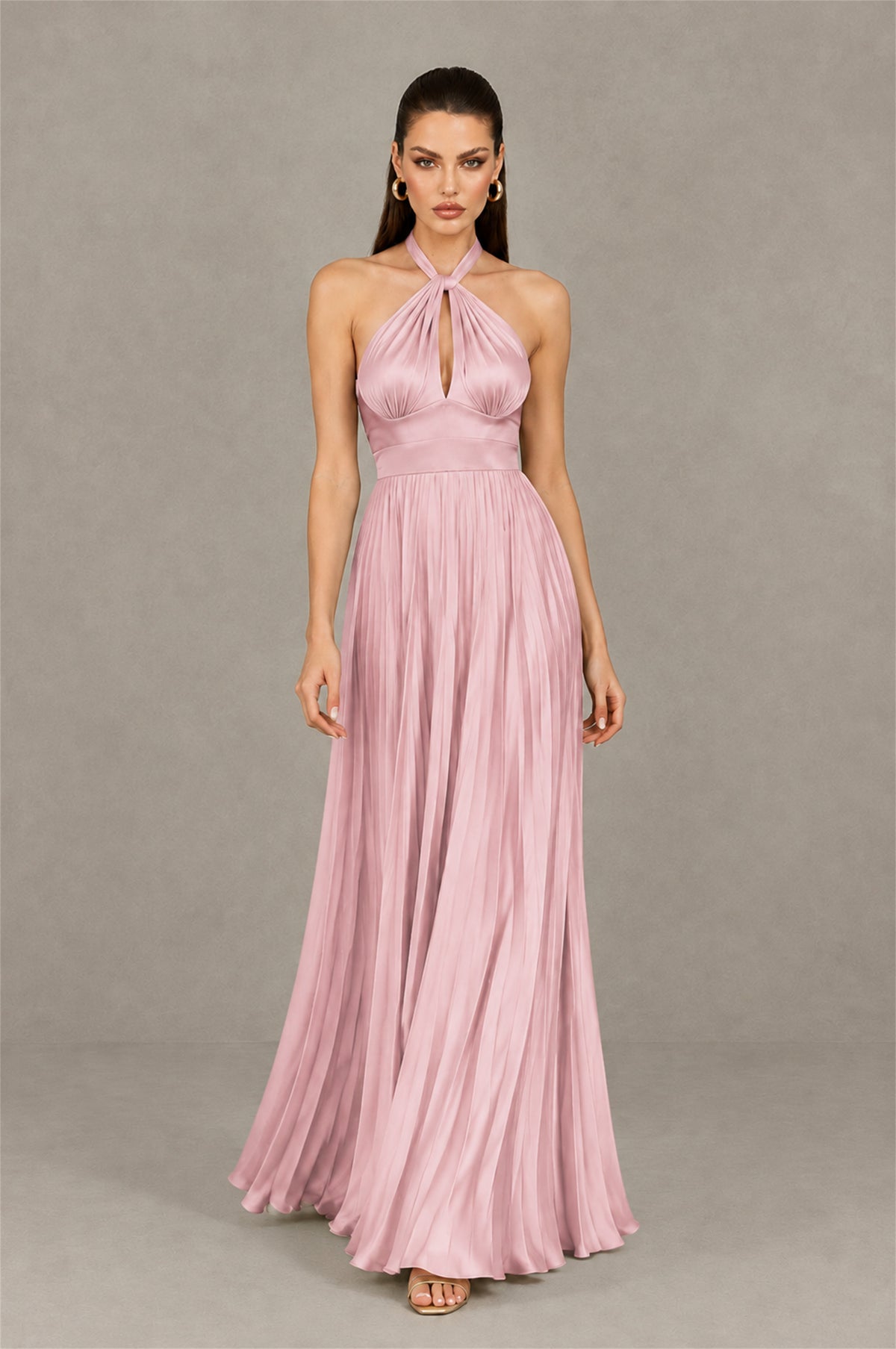 BOLODOO Dusty Pink Halter Pleated A-Line Evening Dress - Dusty Pink