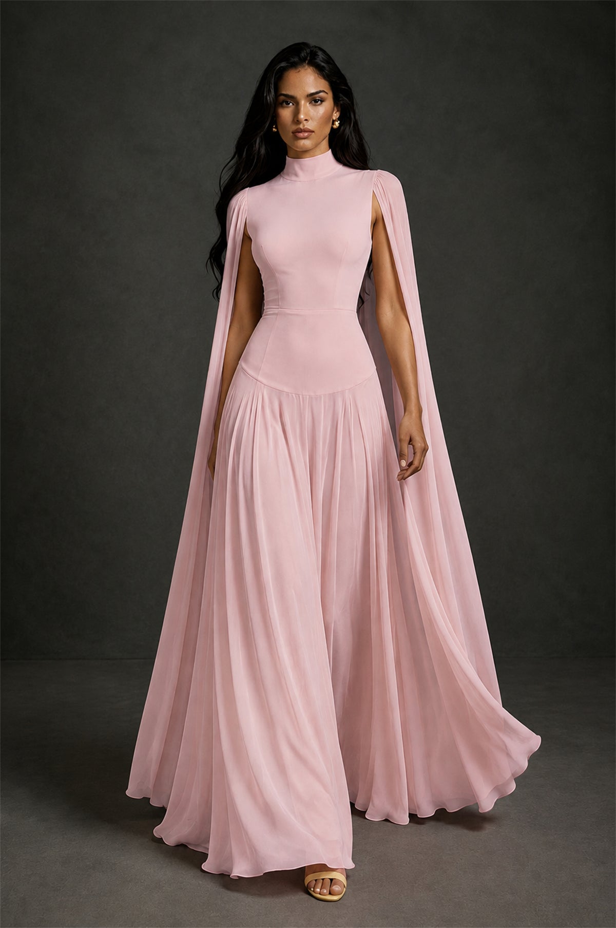 BOLODOO Dusty Pink Mock Neck Cape Sleeve A-Line Chiffon Maxi Dress - Dusty Pink - Dusty Pink (4)