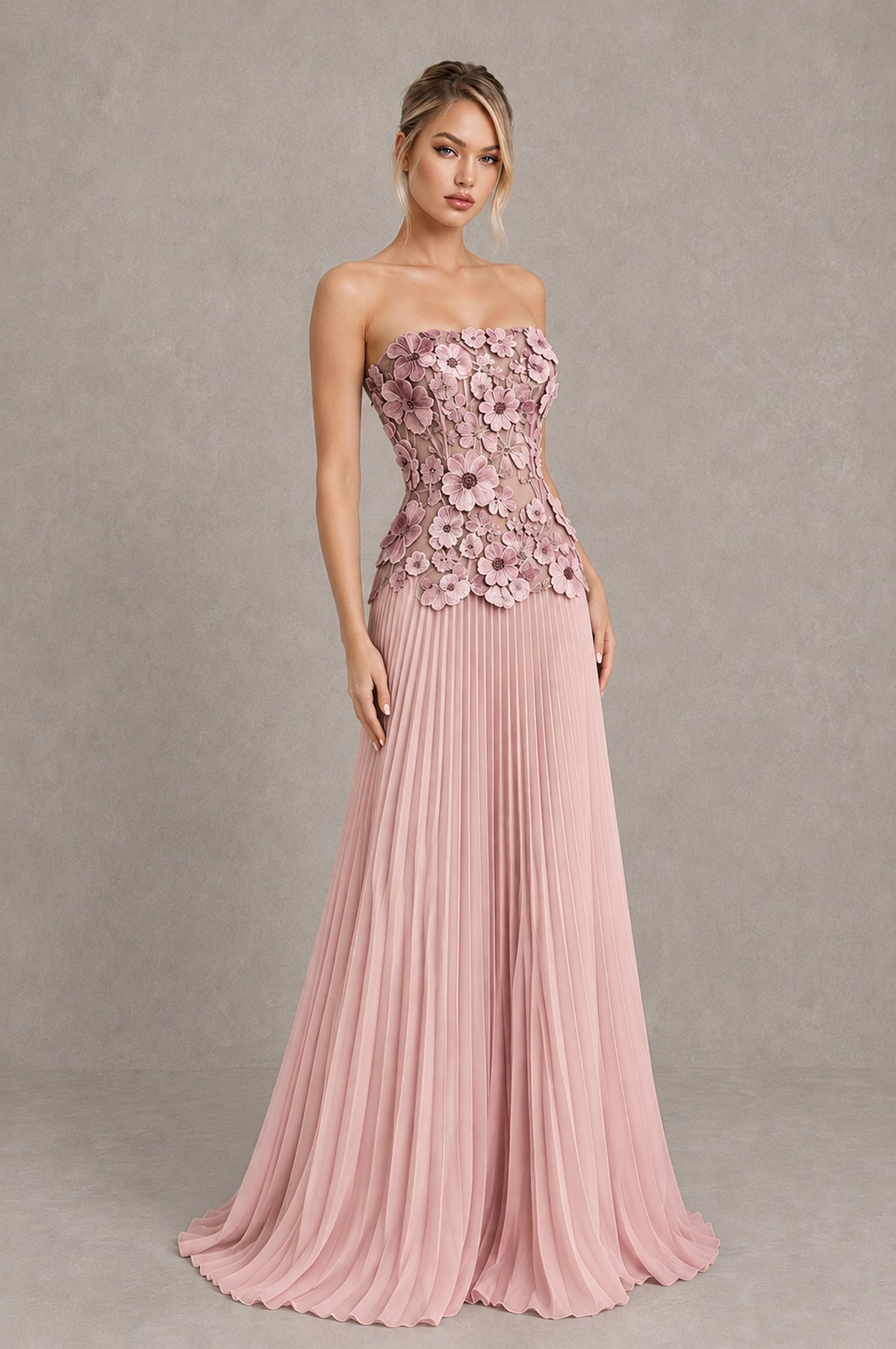 BOLODOO Dusty Pink Strapless Floral Applique Pleated Evening Dress - Dusty Pink - Dusty Pink (4)