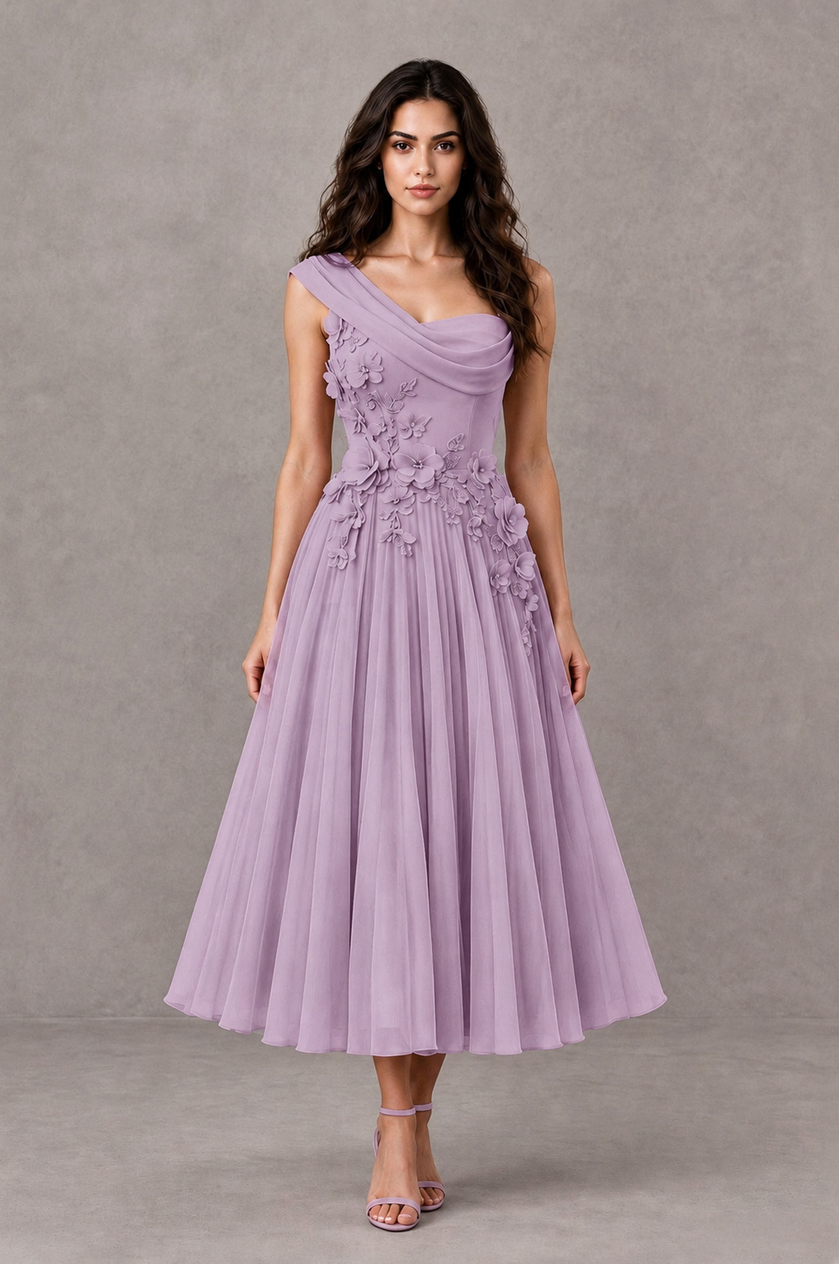 BOLODOO Dusty Purple One-Shoulder Floral Tulle Tea-Length Dress - Dusty Purple - Dusty Purple_01