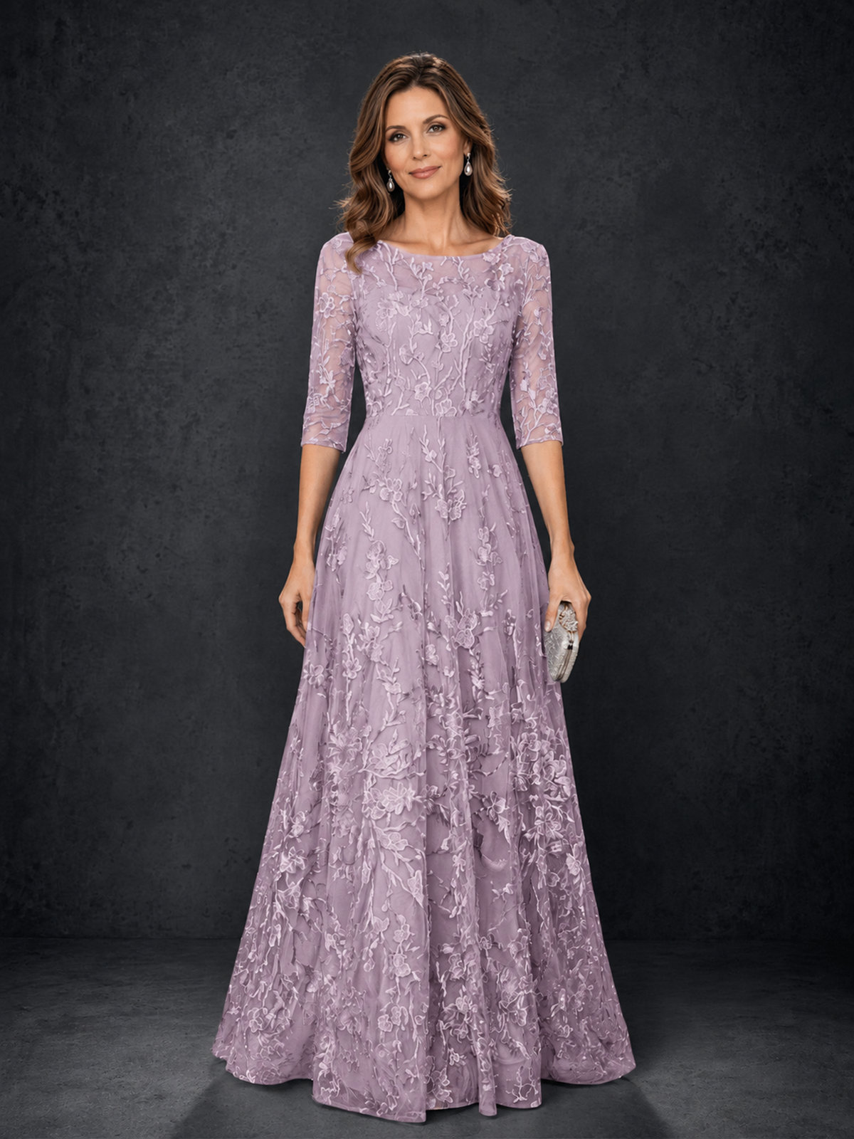 BOLODOO Dusty Purple Illusion Bateau Neck 3/4 Sleeve Floral Lace A-Line Mother of the Bride Dress MX007 - Dusty Purple - Dusty Purple_01