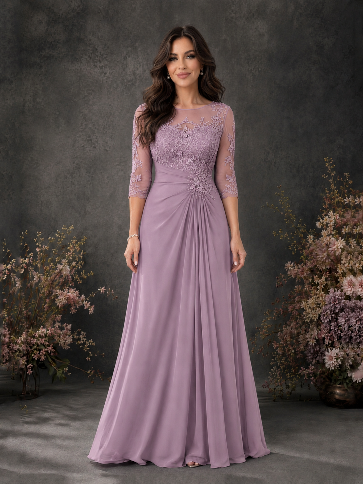 BOLODOO Dusty Purple Chiffon Lace Illusion Neckline 3/4 Sleeve Floor Length Formal Gown - Dusty Purple - Dusty Purple_01