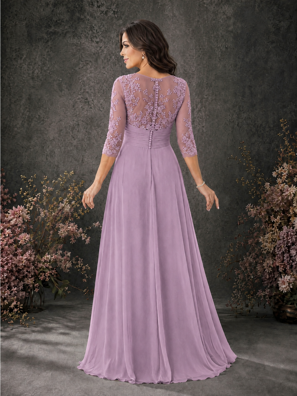 BOLODOO Dusty Purple Chiffon Lace Illusion Neckline 3/4 Sleeve Floor Length Formal Gown - Dusty Purple - Dusty Purple_02