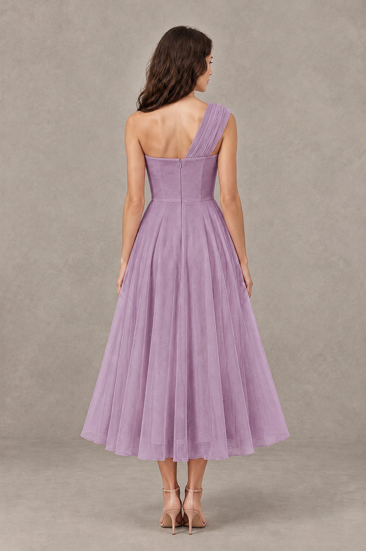 BOLODOO Dusty Purple One-Shoulder Floral Tulle Tea-Length Dress - Dusty Purple - Dusty Purple_02