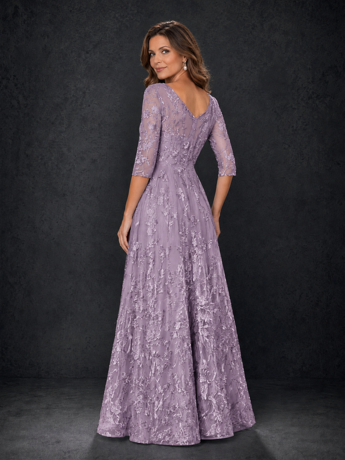 BOLODOO Dusty Purple Illusion Bateau Neck 3/4 Sleeve Floral Lace A-Line Mother of the Bride Dress MX007 - Dusty Purple - Dusty Purple_02