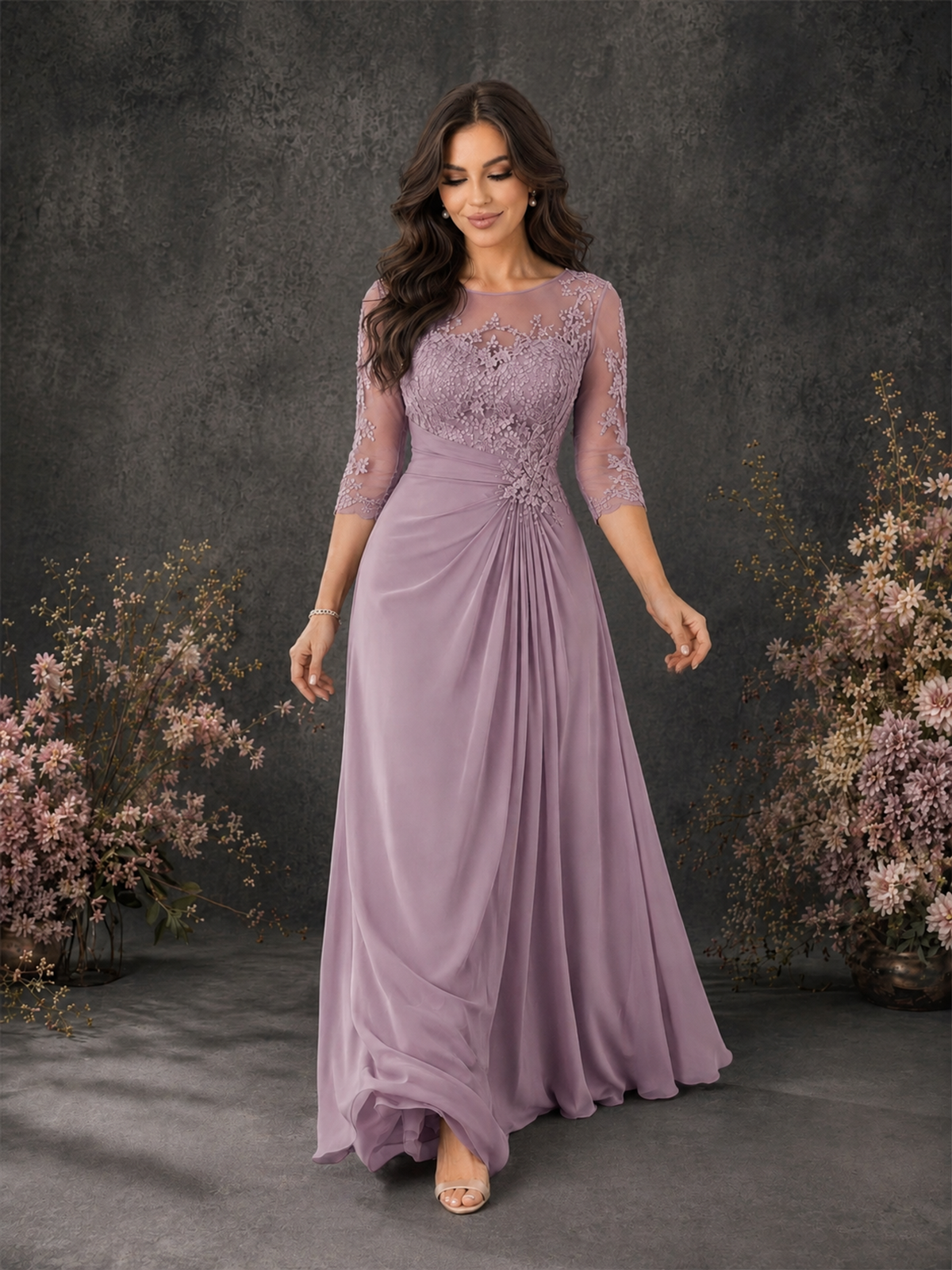 BOLODOO Dusty Purple Chiffon Lace Illusion Neckline 3/4 Sleeve Floor Length Formal Gown - Dusty Purple - Dusty Purple_03
