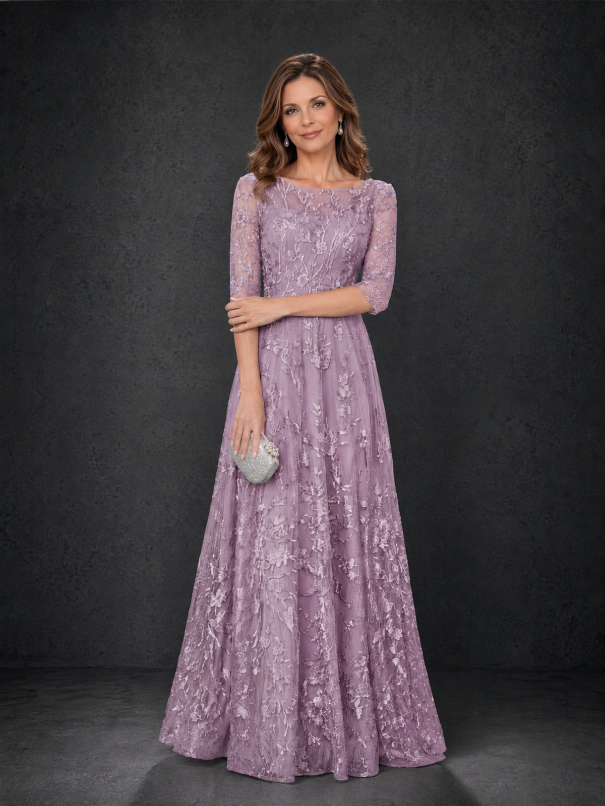 BOLODOO Dusty Purple Illusion Bateau Neck 3/4 Sleeve Floral Lace A-Line Mother of the Bride Dress MX007 - Dusty Purple - Dusty Purple_03